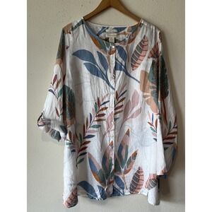 Cynthia Rowley Linen Floral Roll Tab Button Down Top Tunic 2X Lagenlook Resort